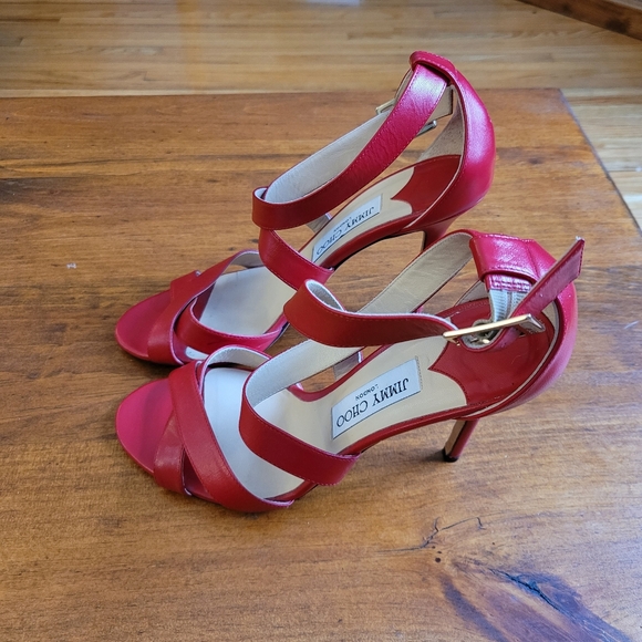 Jimmy Choo Shoes - Jimmy Choo Red Leather Lottie Sandal Heels Size 38.5 Or US 8